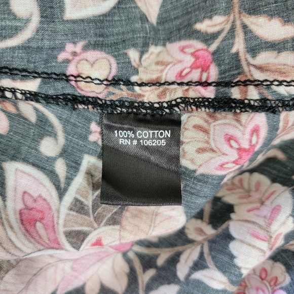 Cuno 100% Cotton Women's Button Up Blouse Black Pink Floral Flutter Sleeve M - Picture 7 of 10